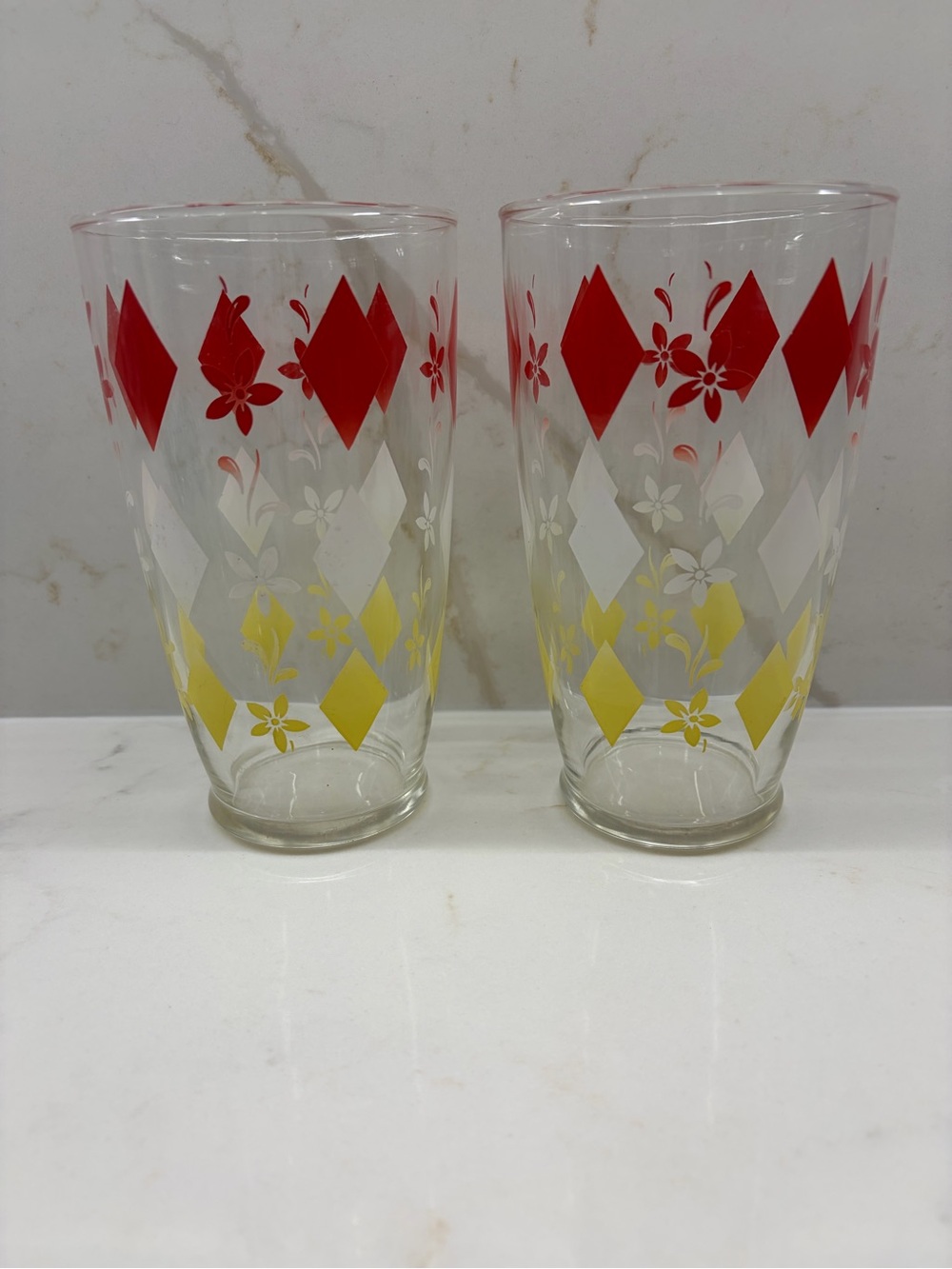 2 Vintage Mid-Century Red White & Yellow Diamond Floral Tall Tumblers Atomic Era
